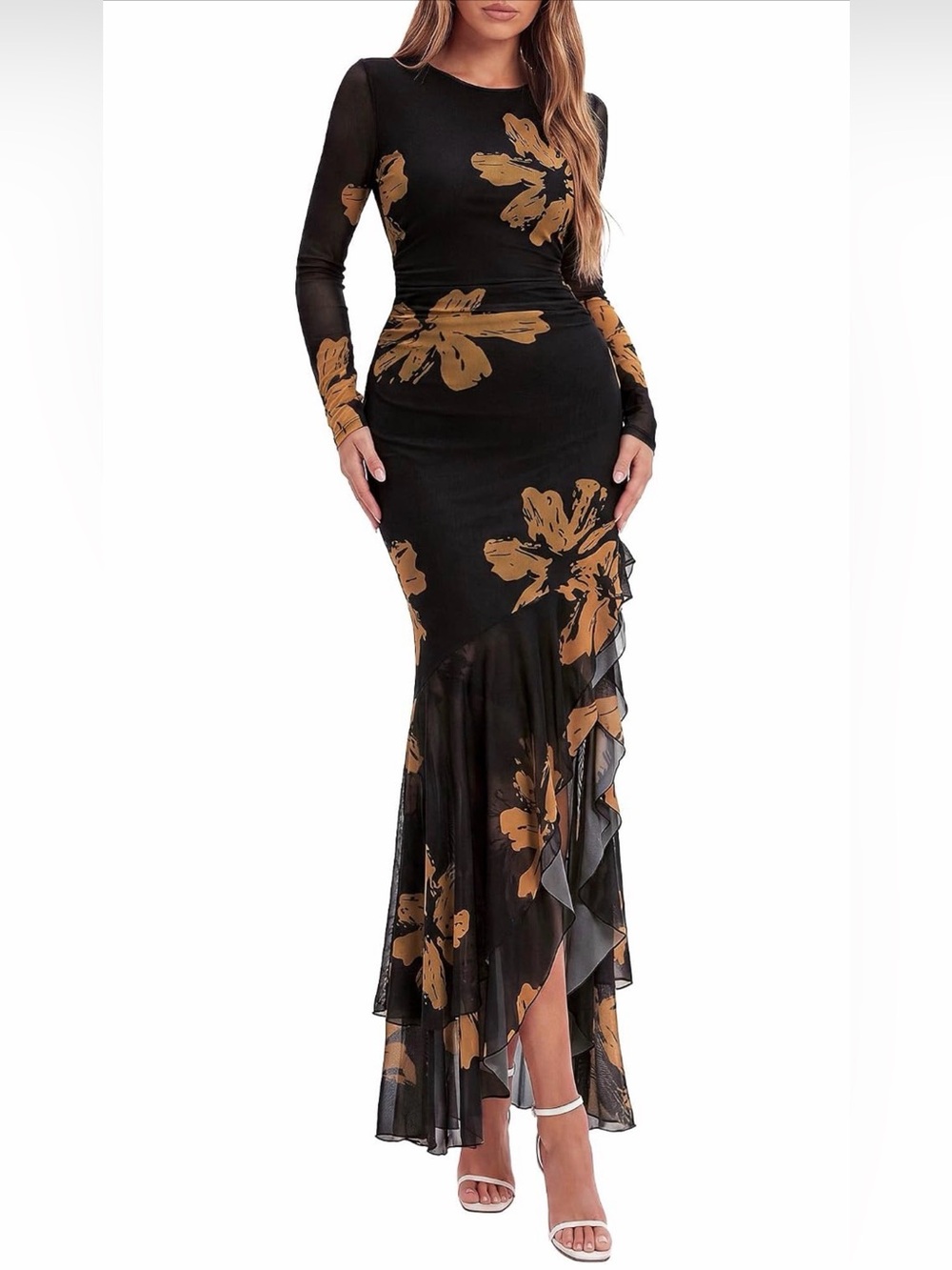 BTFBM Long Sleeve Ruched Mesh Ruffle Hem Body on Maxi Dress Black & Gold Floral